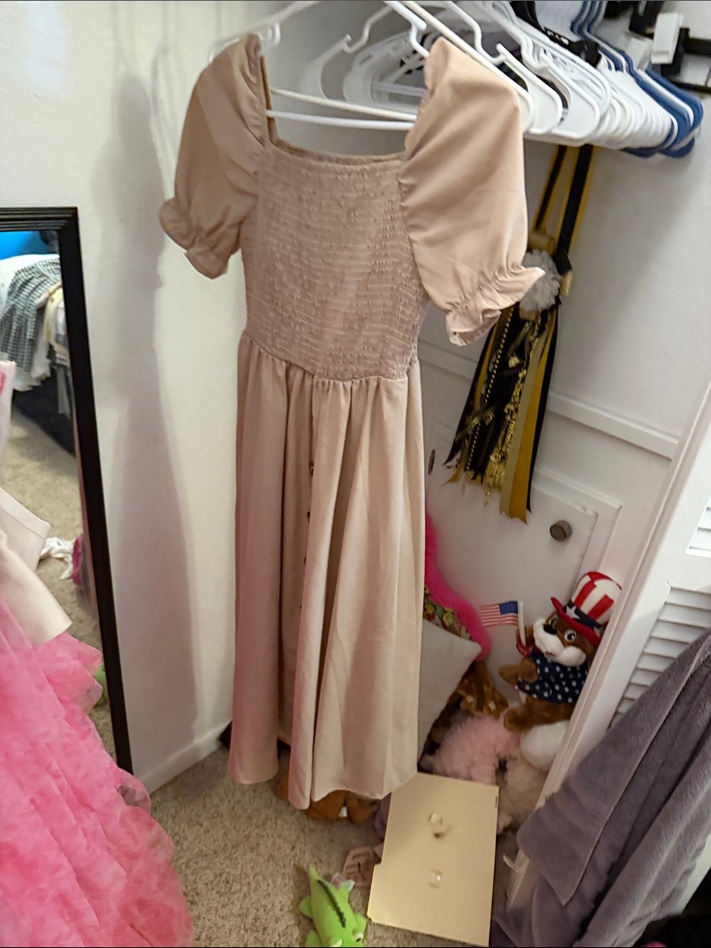 Beige Puff Sleeve Smocked Midi Dress